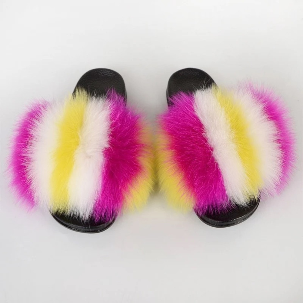 Mustard fox fur slides